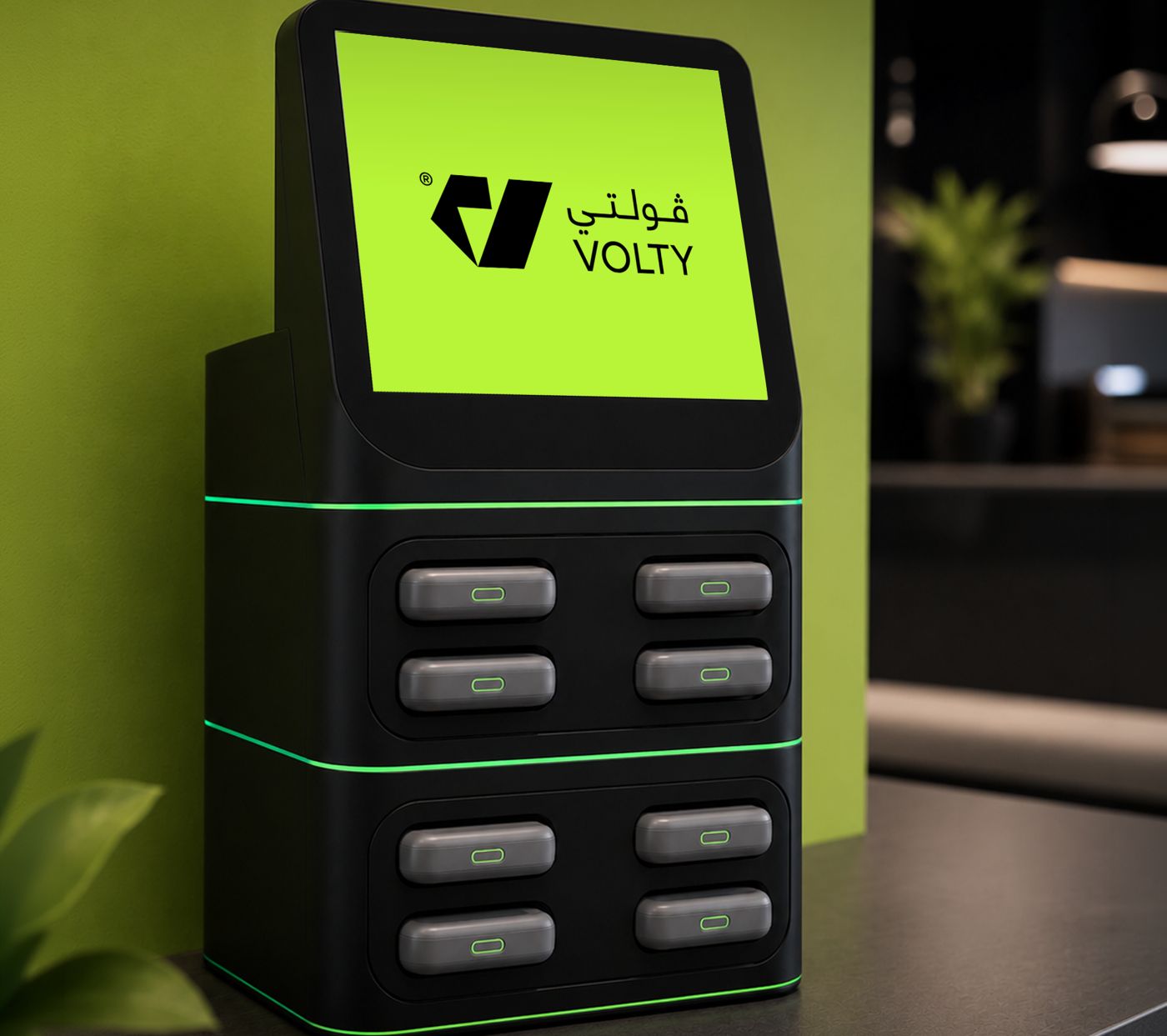 A Volti power-bank station inside a café